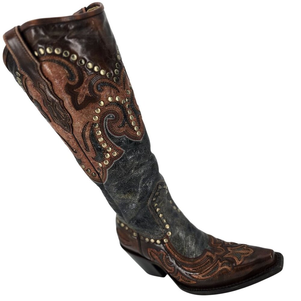Corral Cowgirl Women's 6M Tall Brown Gray Studded Leather Cowboy Western Boots - Picture 1 of 14